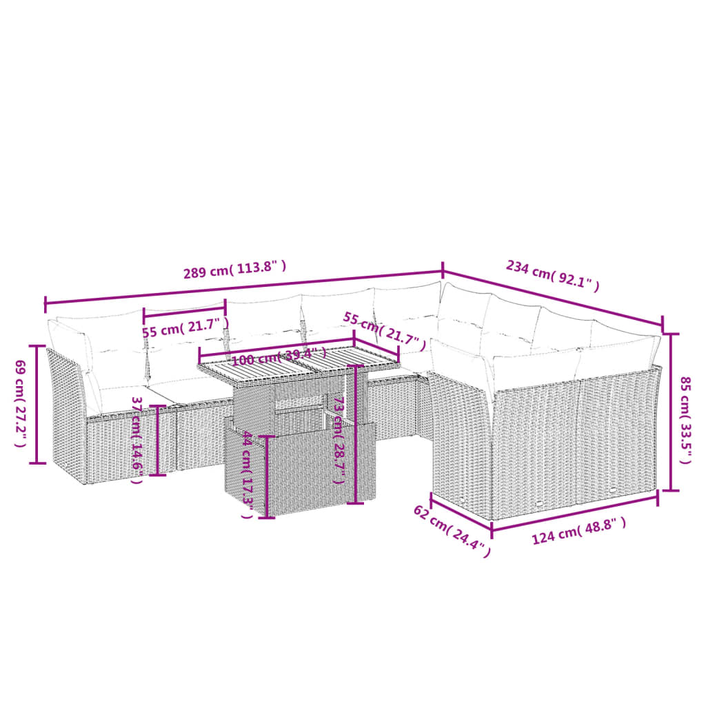 10 pcs conjunto de sofás p/ jardim com almofadões vime PE bege