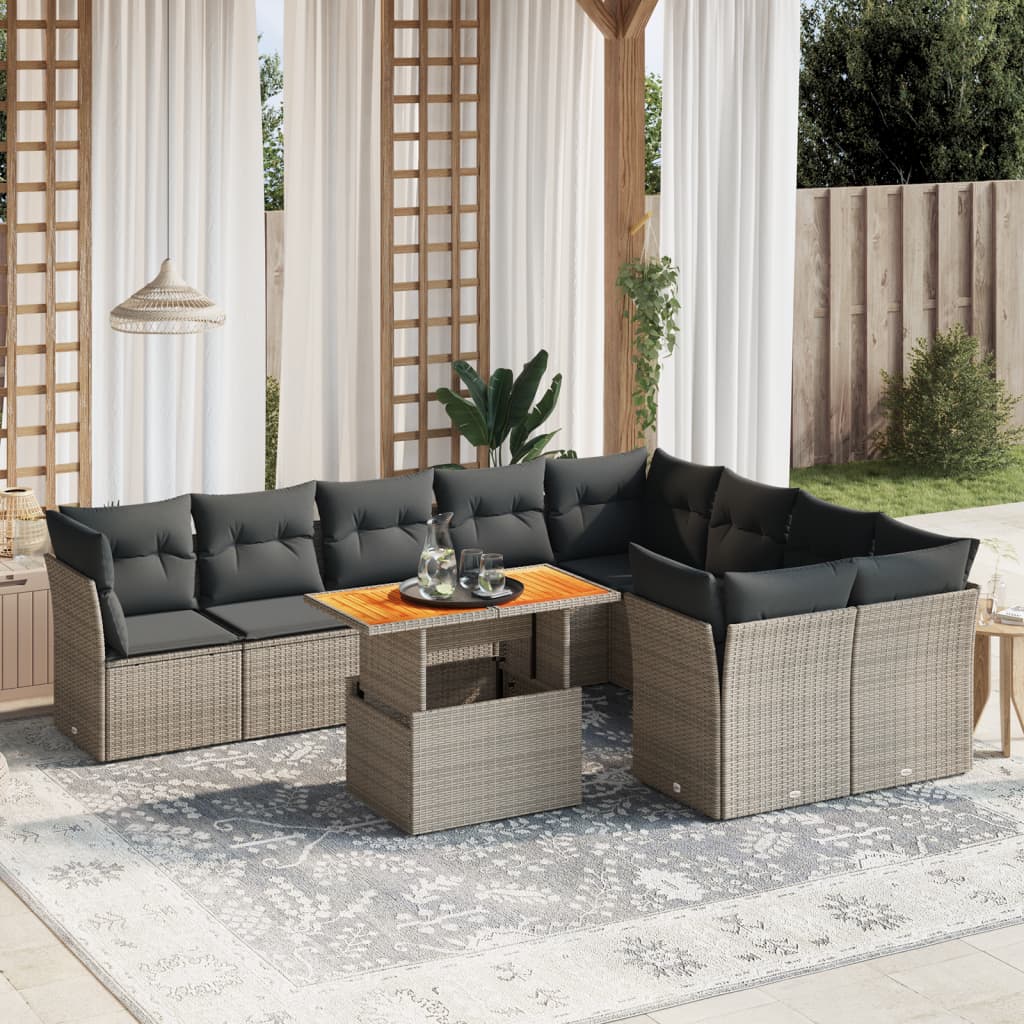10 pcs conjunto sofás de jardim c/ almofadões vime PE cinzento
