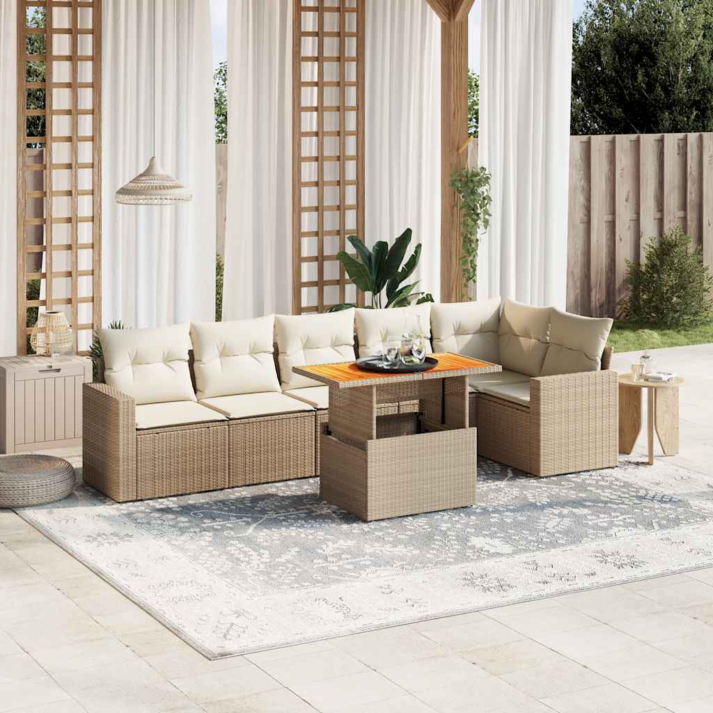 7 pcs conjunto de sofás p/ jardim com almofadões vime PE bege
