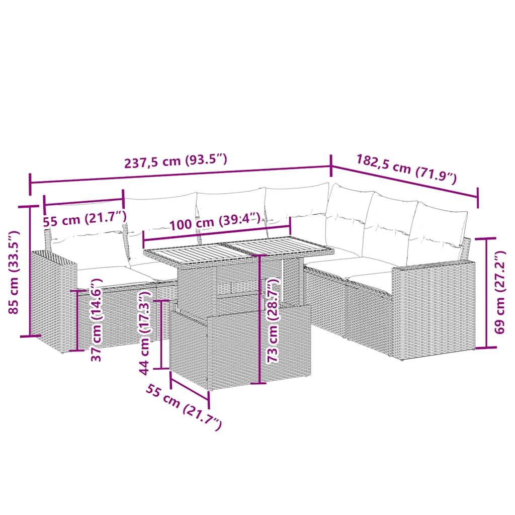 7 pcs conjunto de sofás p/ jardim com almofadões vime PE bege