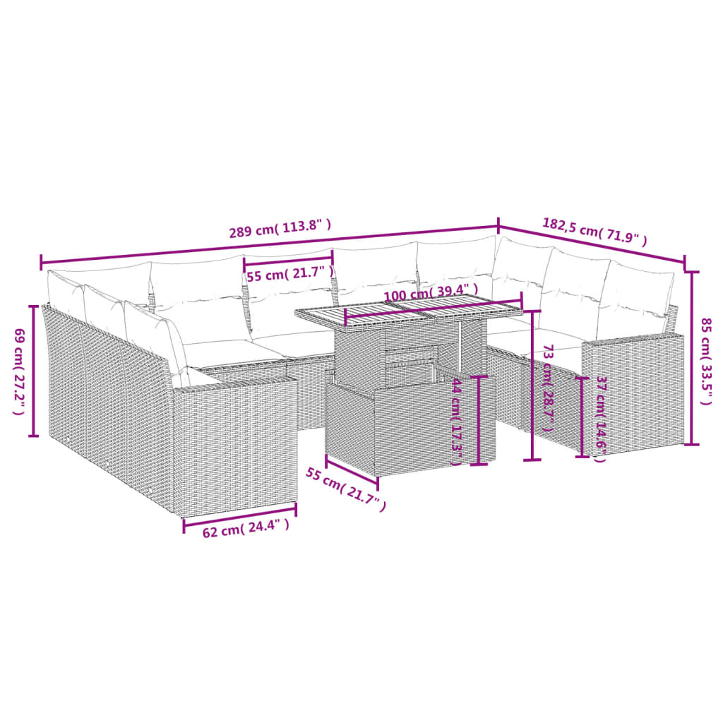 10 pcs conjunto sofás de jardim c/ almofadões vime PE cinzento