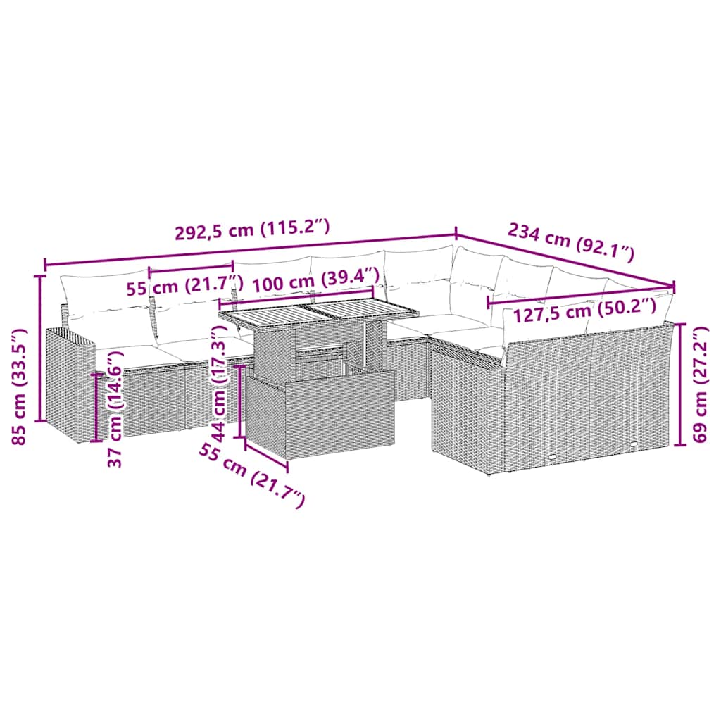10 pcs conjunto de sofás p/ jardim com almofadões vime PE bege