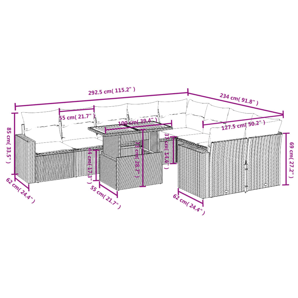 10 pcs conjunto sofás de jardim c/ almofadões vime PE cinzento