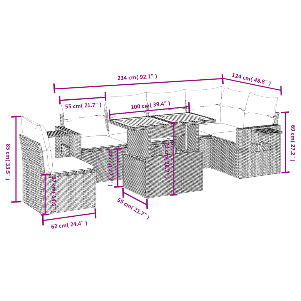 7 pcs conjunto de sofás p/ jardim com almofadões vime PE bege