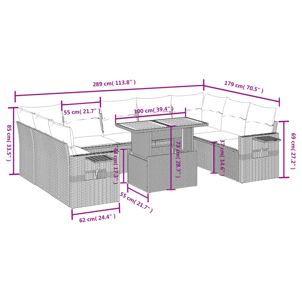 10 pcs conjunto de sofás p/ jardim com almofadões vime PE bege
