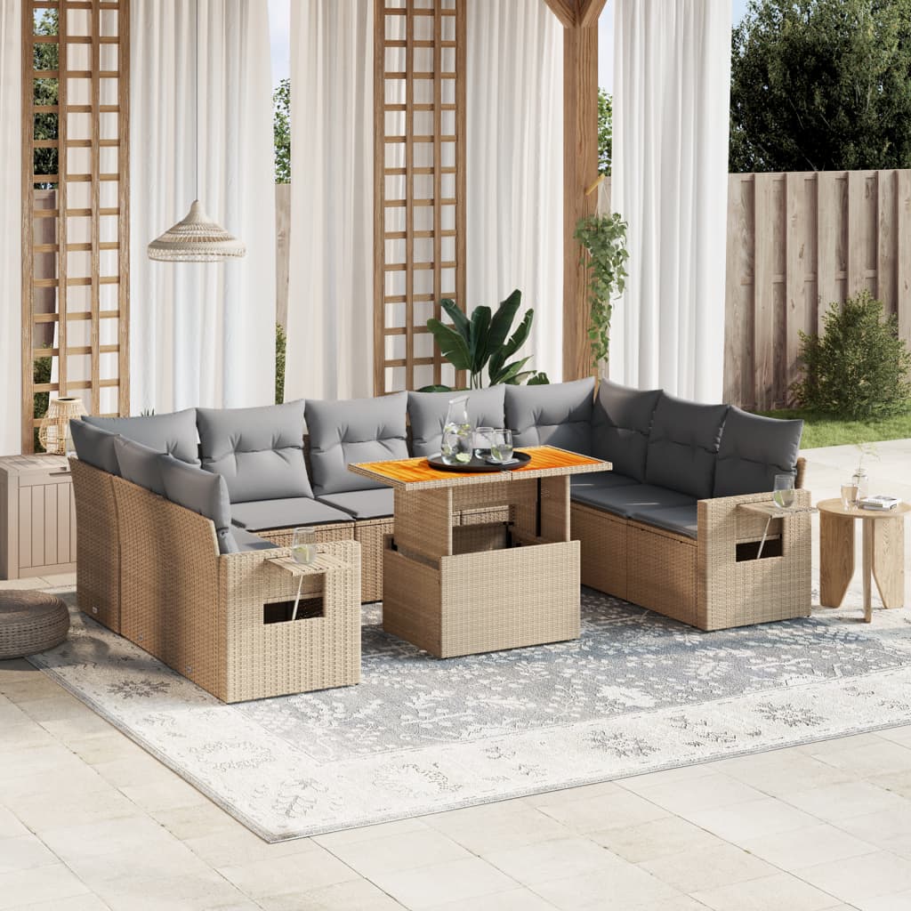 10 pcs conjunto de sofás p/ jardim com almofadões vime PE bege