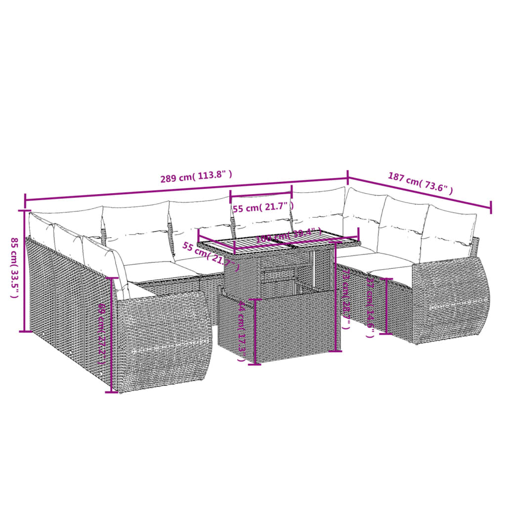 10 pcs conjunto de sofás p/ jardim com almofadões vime PE bege