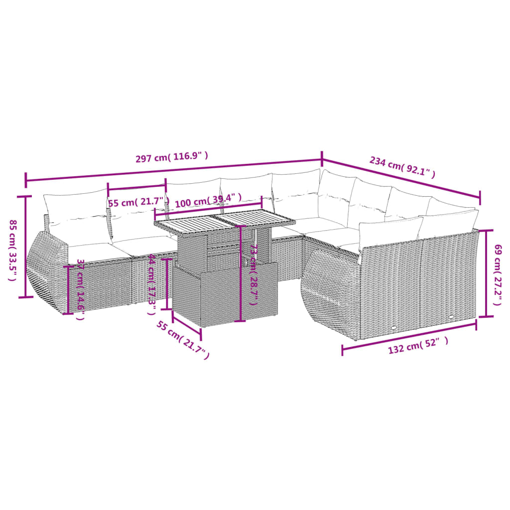 10 pcs conjunto de sofás p/ jardim com almofadões vime PE bege