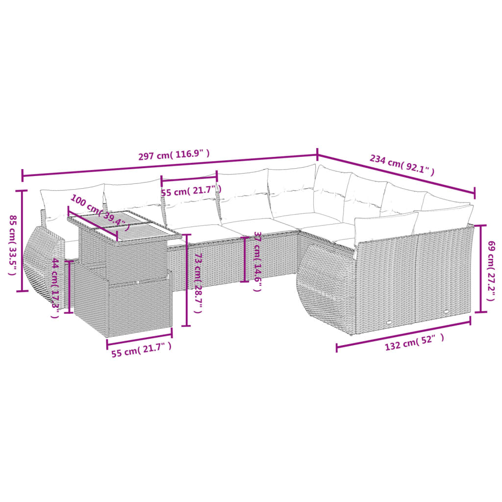 10 pcs conjunto de sofás p/ jardim com almofadões vime PE bege