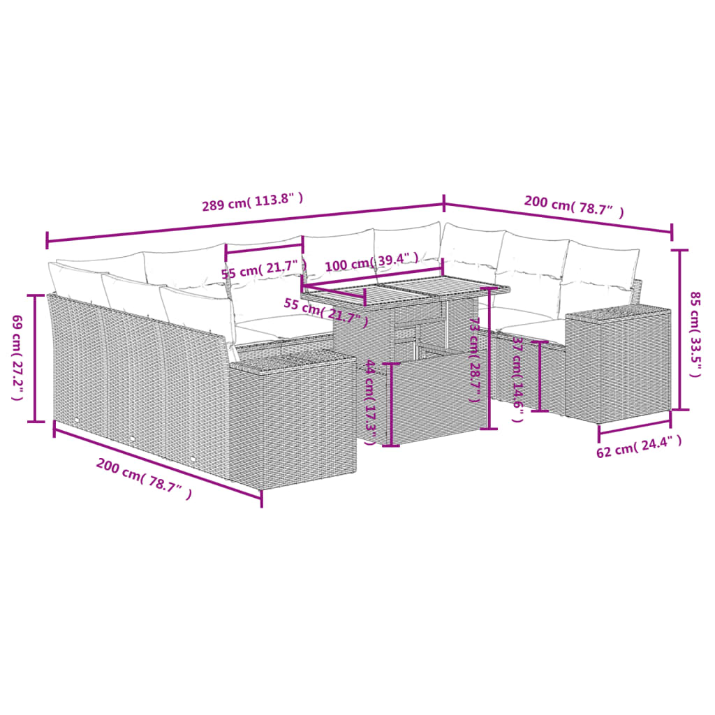 10 pcs conjunto de sofás p/ jardim com almofadões vime PE bege