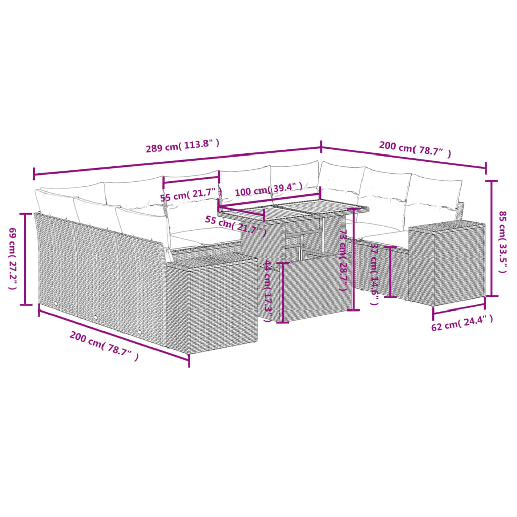 10 pcs conjunto sofás de jardim c/ almofadões vime PE cinzento