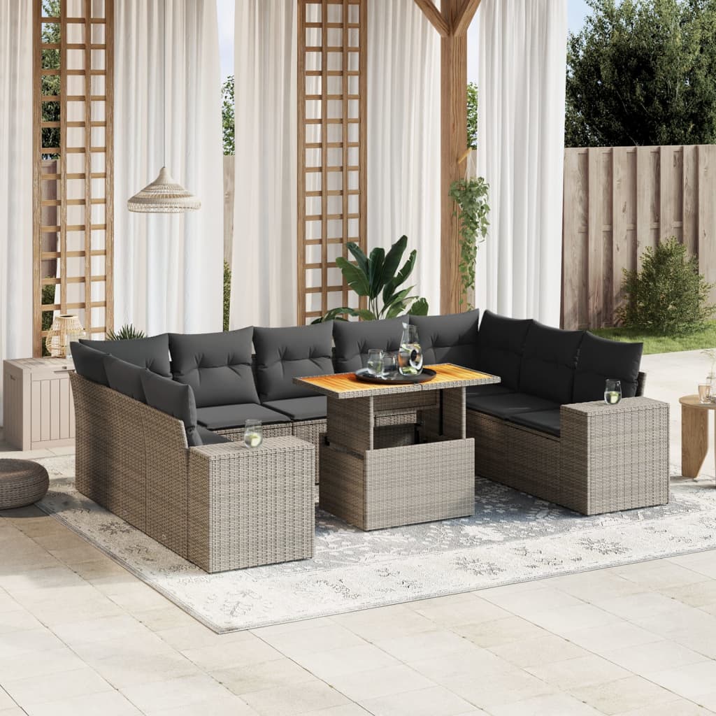 10 pcs conjunto sofás de jardim c/ almofadões vime PE cinzento