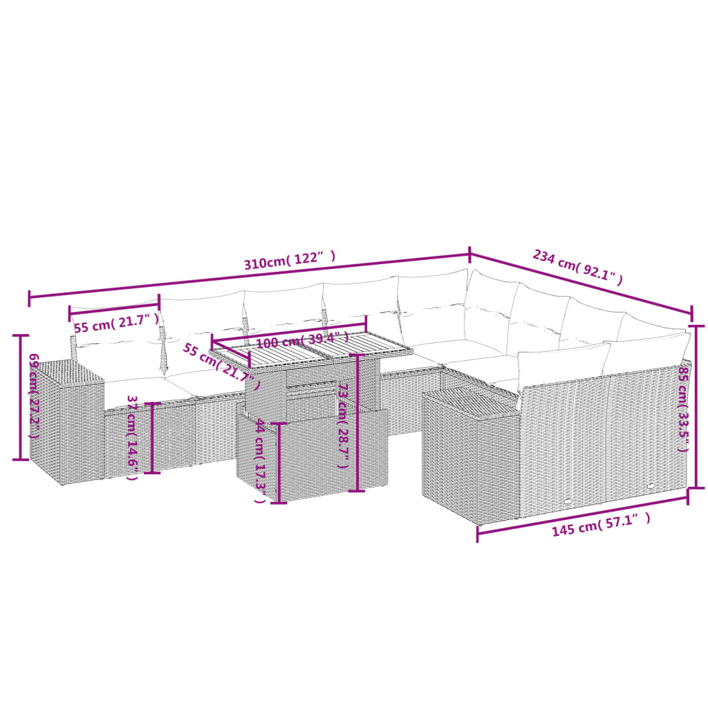 10 pcs conjunto de sofás p/ jardim com almofadões vime PE bege