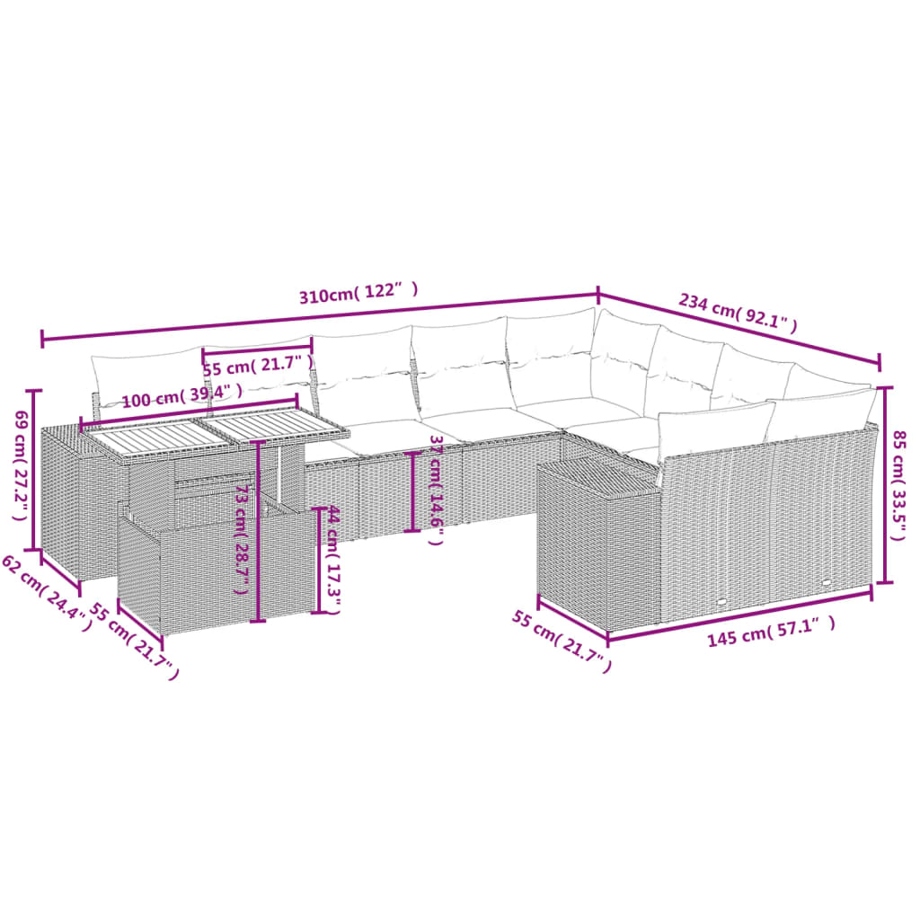 10 pcs conjunto de sofás p/ jardim com almofadões vime PE bege