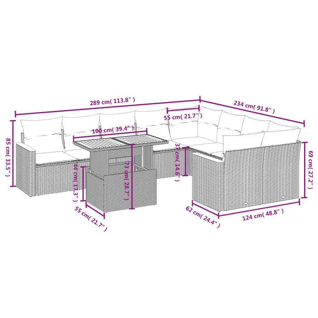 10 pcs conjunto de sofás p/ jardim com almofadões vime PE bege