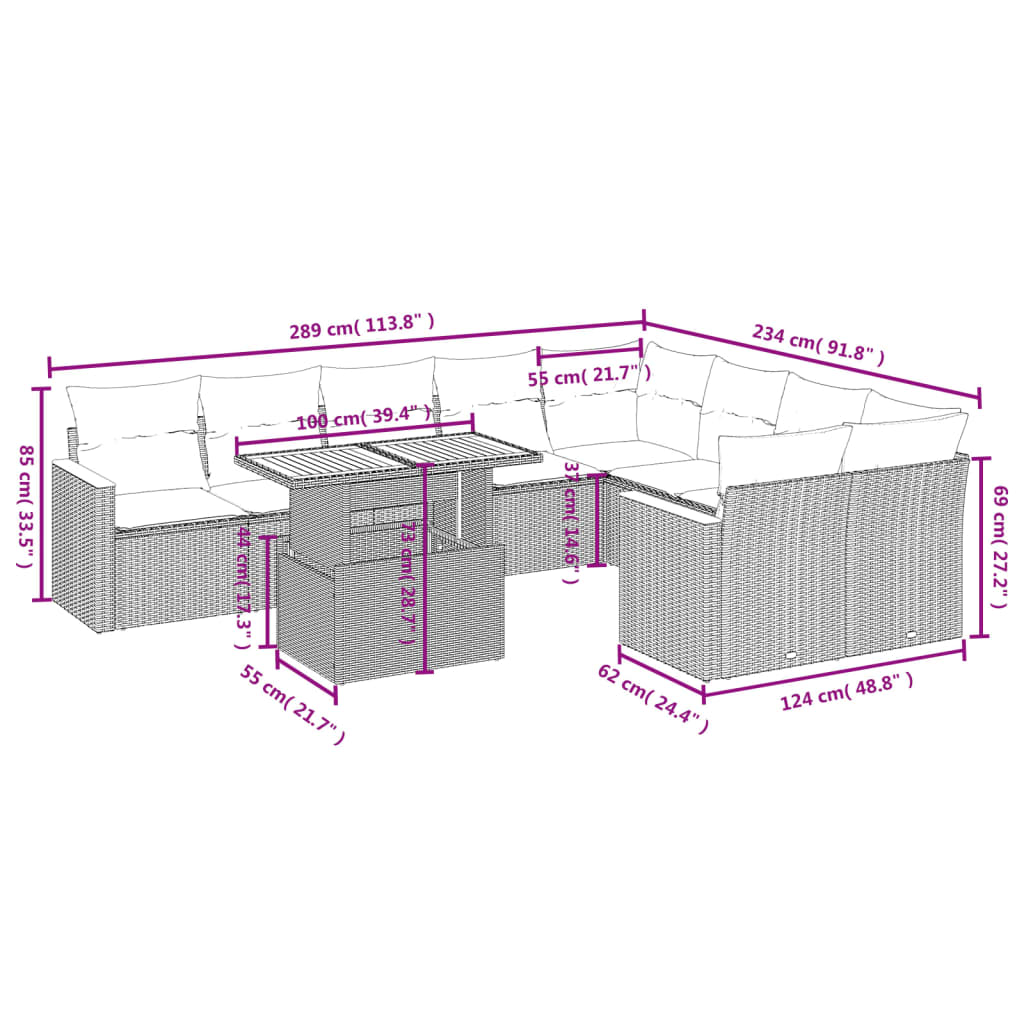 10 pcs conjunto de sofás p/ jardim com almofadões vime PE bege