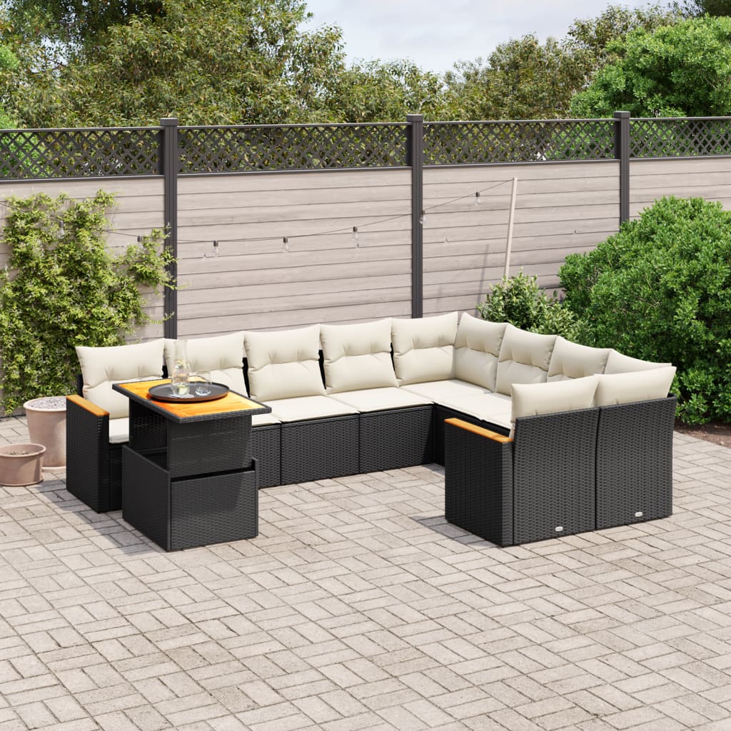 10 pcs conjunto sofás de jardim c/ almofadões vime PE preto