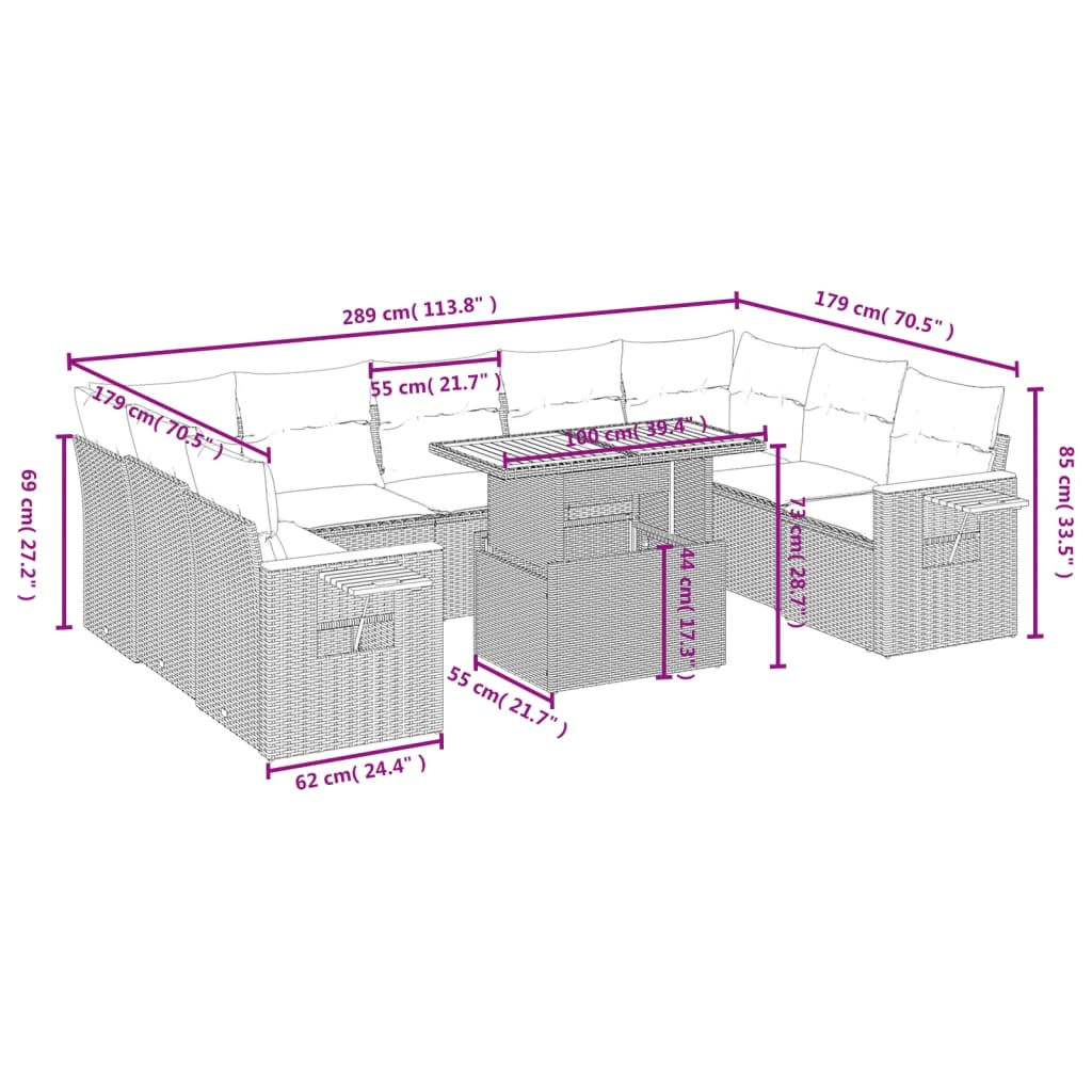 10 pcs conjunto sofás de jardim c/ almofadões vime PE preto