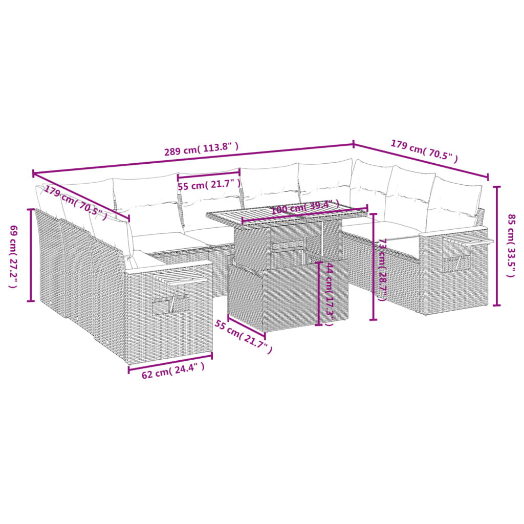 10 pcs conjunto sofás de jardim c/ almofadões vime PE cinzento
