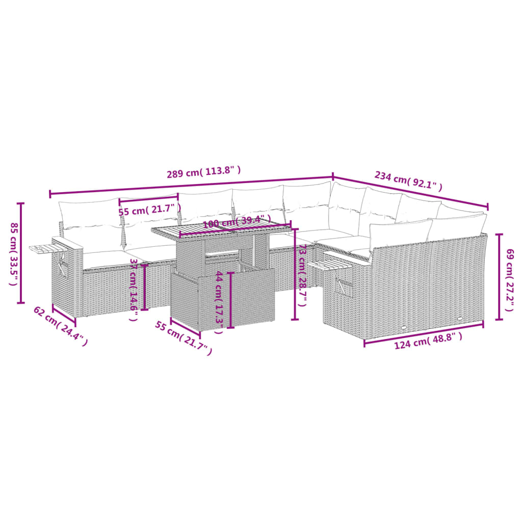 10 pcs conjunto de sofás p/ jardim com almofadões vime PE bege