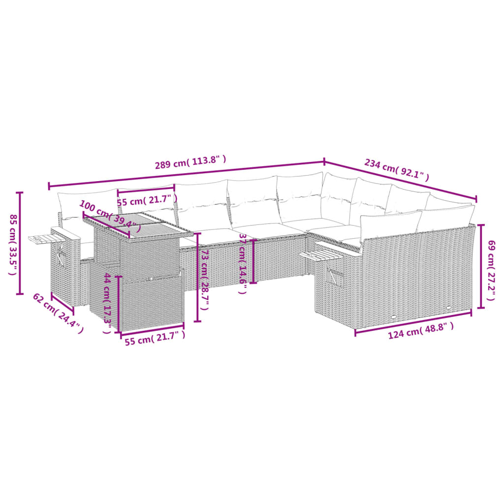 10 pcs conjunto de sofás p/ jardim com almofadões vime PE bege