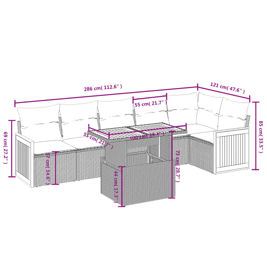 7 pcs conjunto de sofás p/ jardim com almofadões vime PE bege