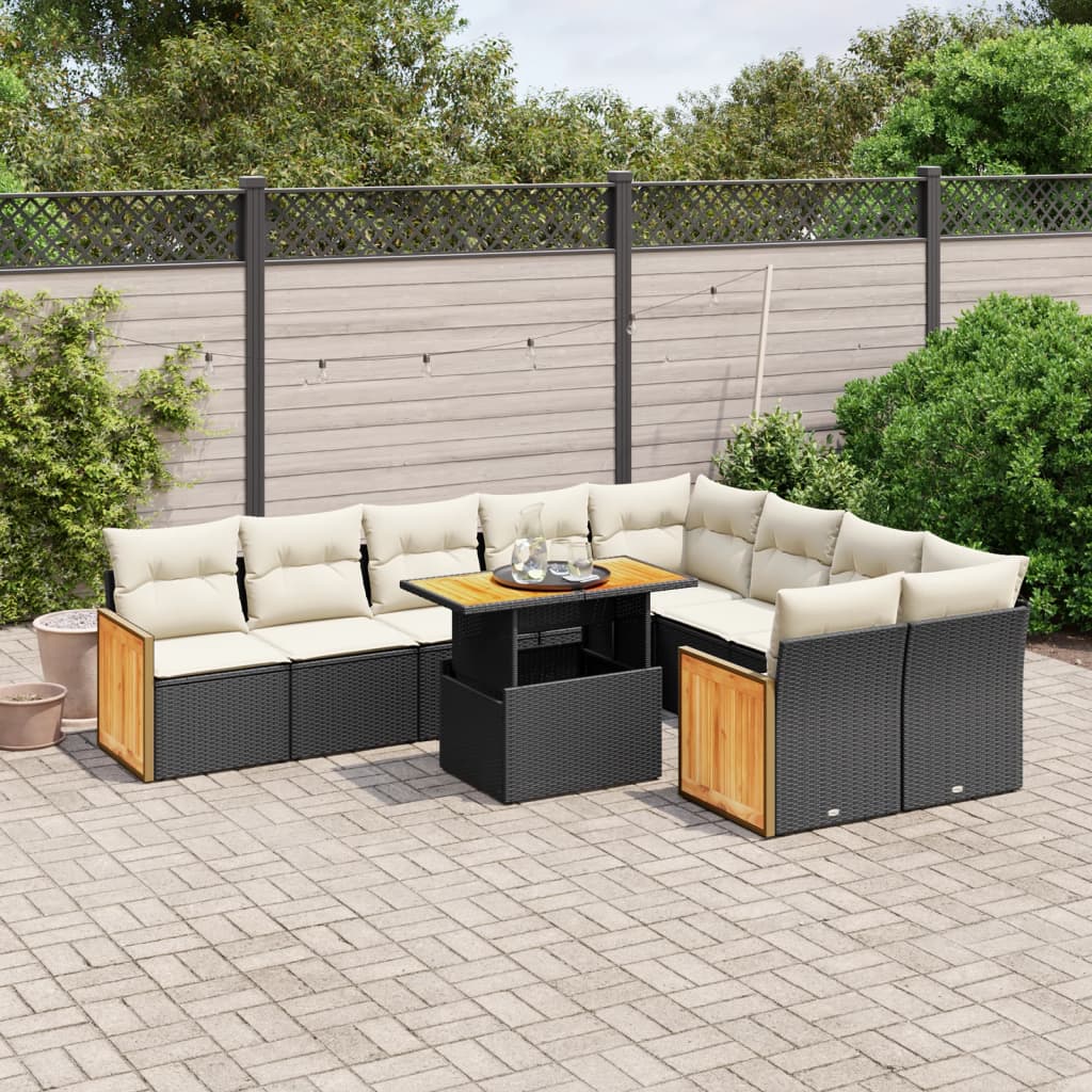10 pcs conjunto sofás de jardim c/ almofadões vime PE preto