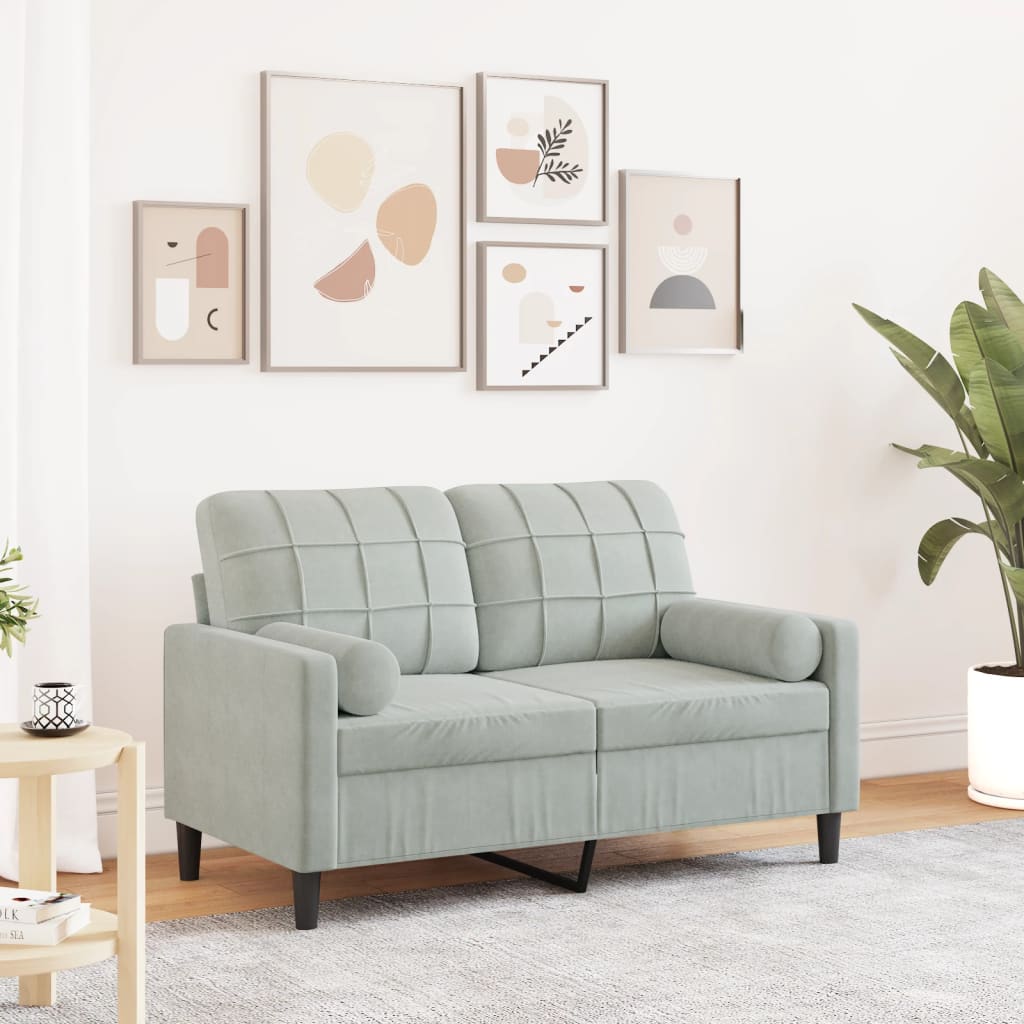 2-seater sofa + decorative cushions 120cm light grey velvet