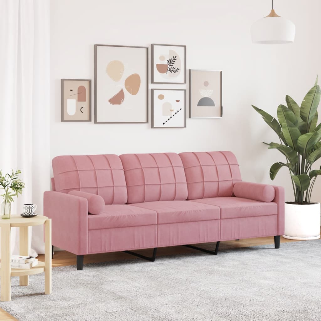 3-seater sofa with decorative cushions 180 cm pink velvet