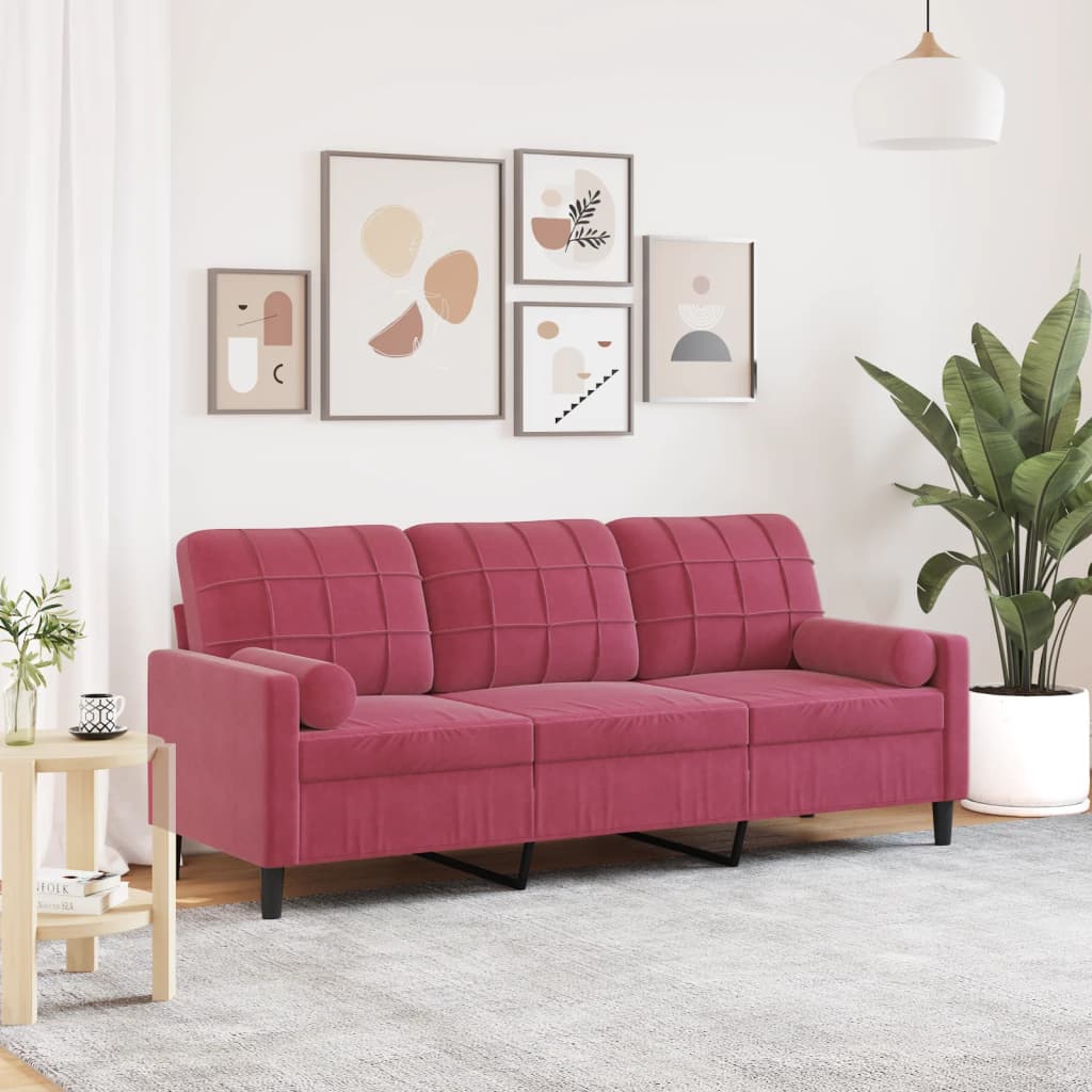 3-seater sofa + 180cm decorative cushions in red velvet