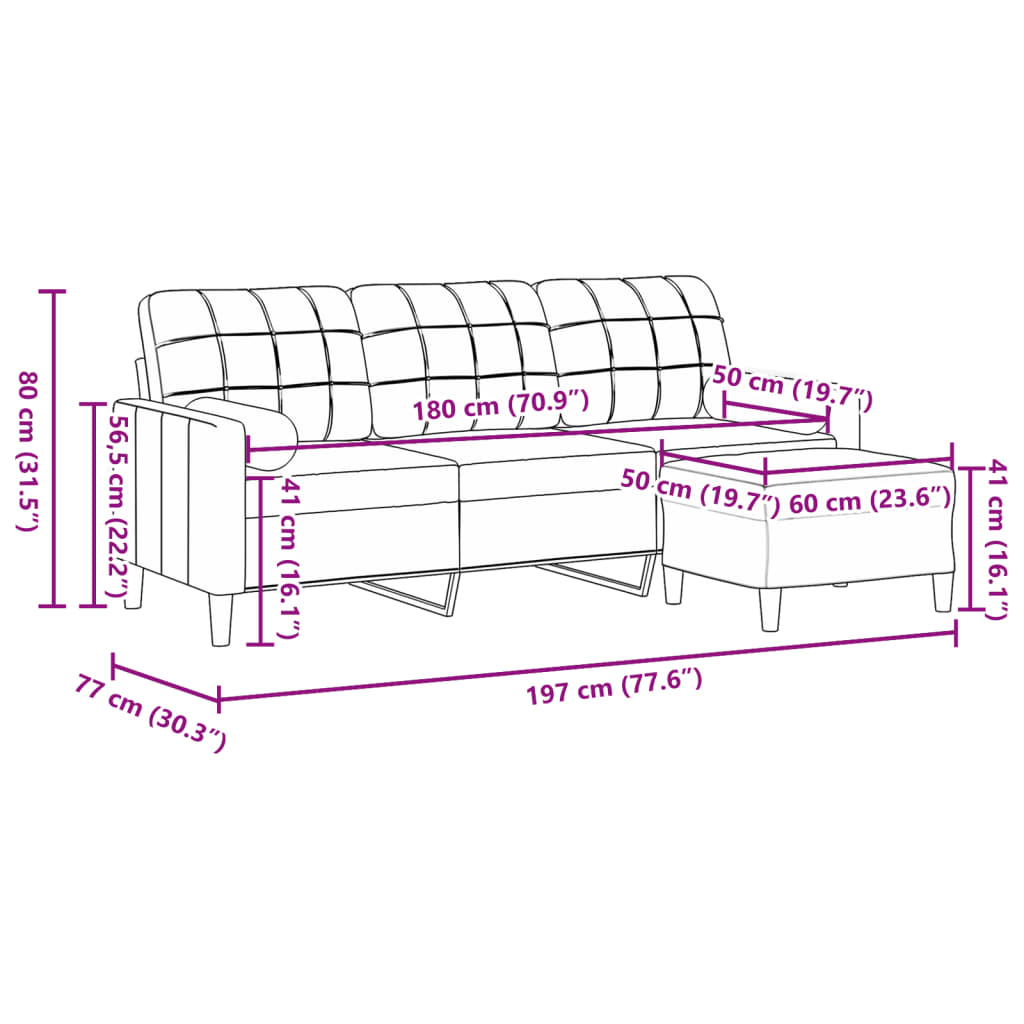 Sofá de 3 lugares com apoio de pés 180 cm veludo cor creme