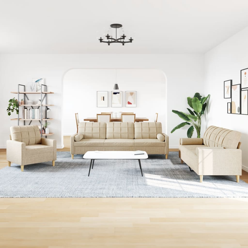3pcs sofa set with decorative pillows cream fabric