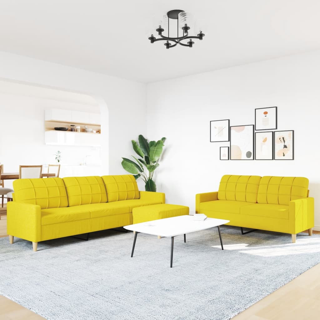 3 pcs sofa set with footstool light yellow fabric