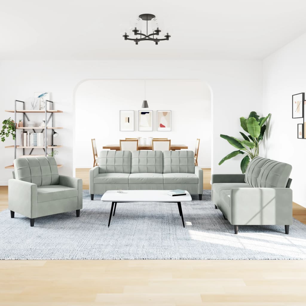 3 pcs sofa set with light grey velvet cushions