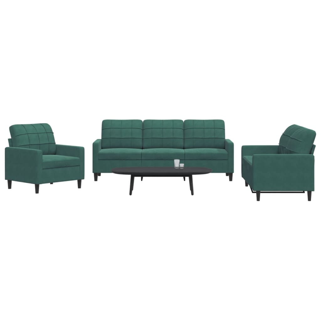 3 pcs conjunto de sofás com almofadões veludo verde-escuro