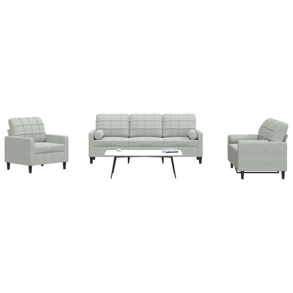 3 pcs conjunto sofás com almofadões e rolos veludo cinza-claro