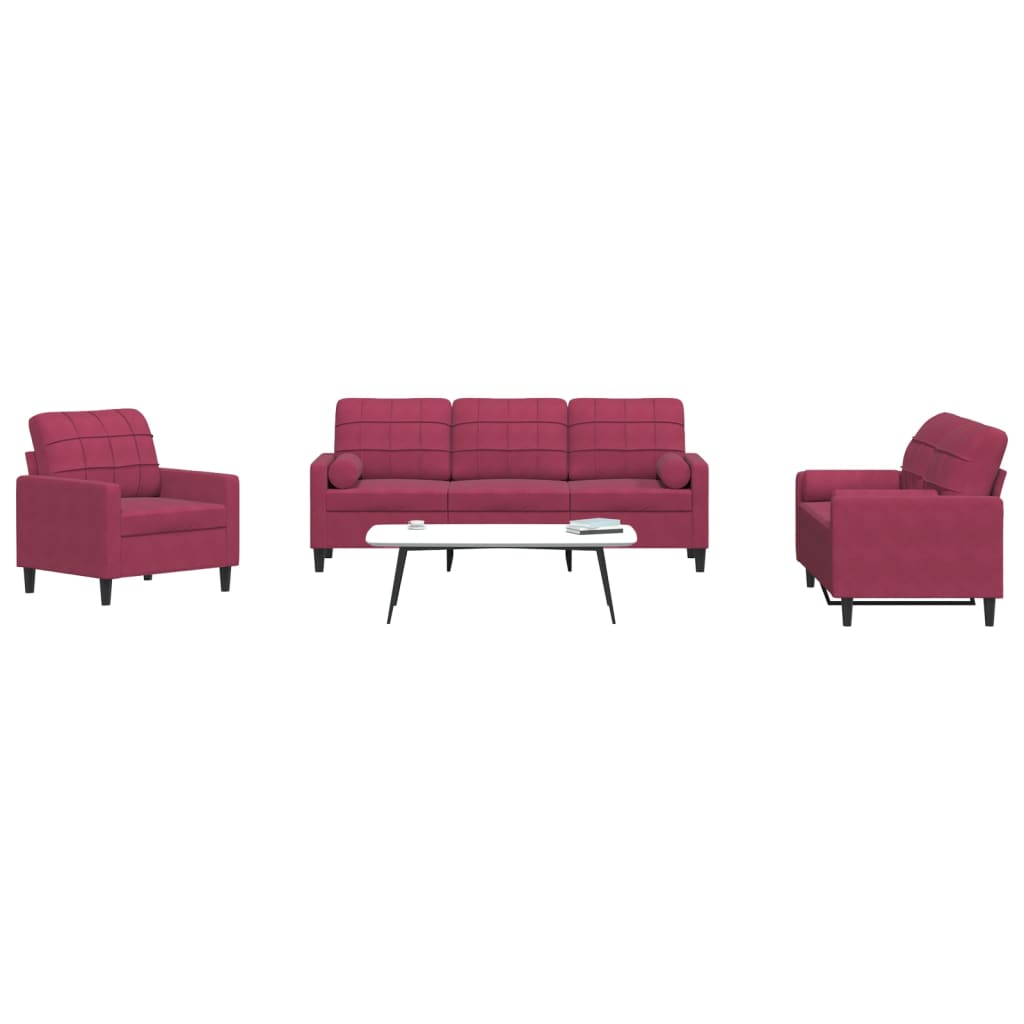 3pcs conjunto sofás c/ almofadões e rolos veludo vermelho tinto
