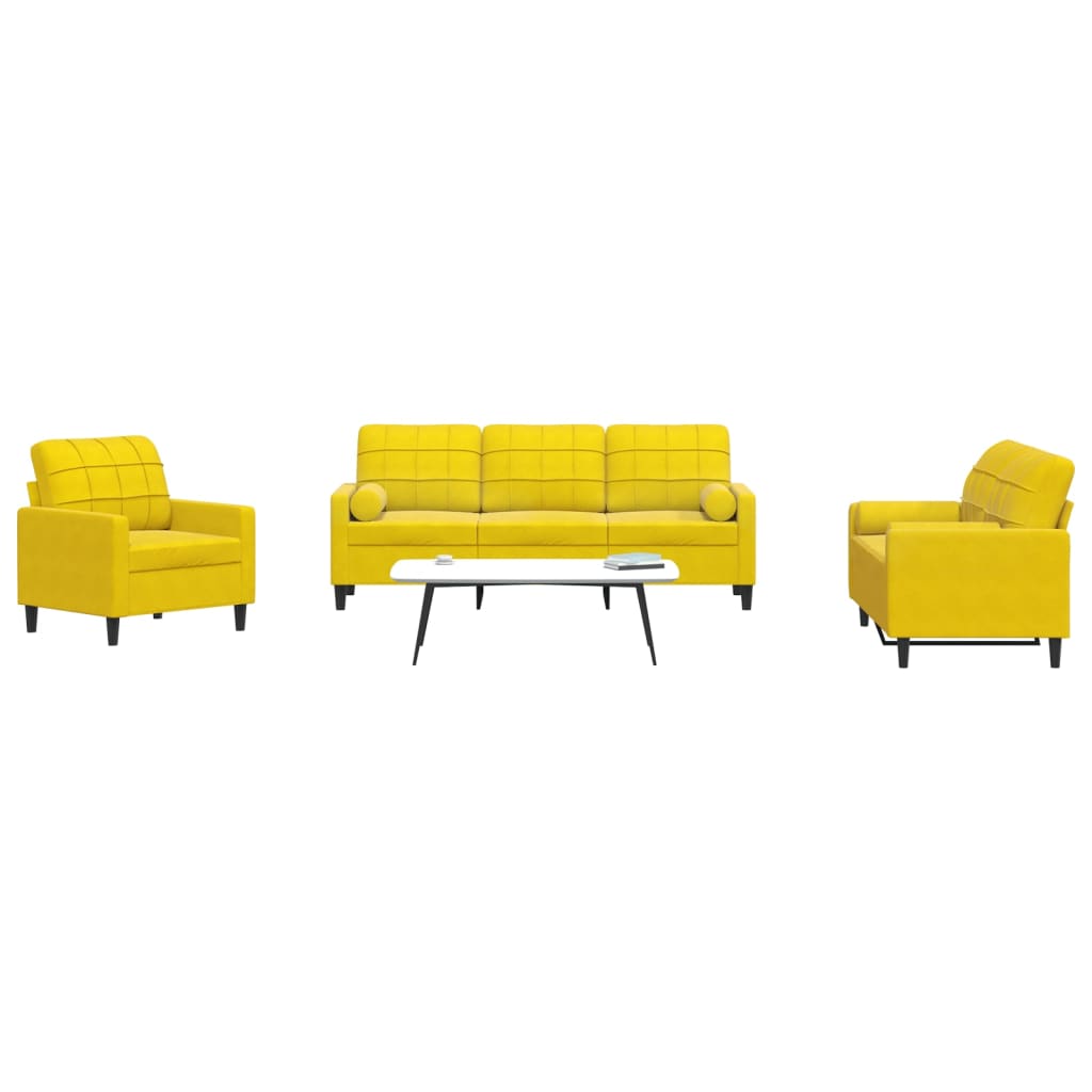 3 pcs conjunto de sofás com almofadões e rolos veludo amarelo