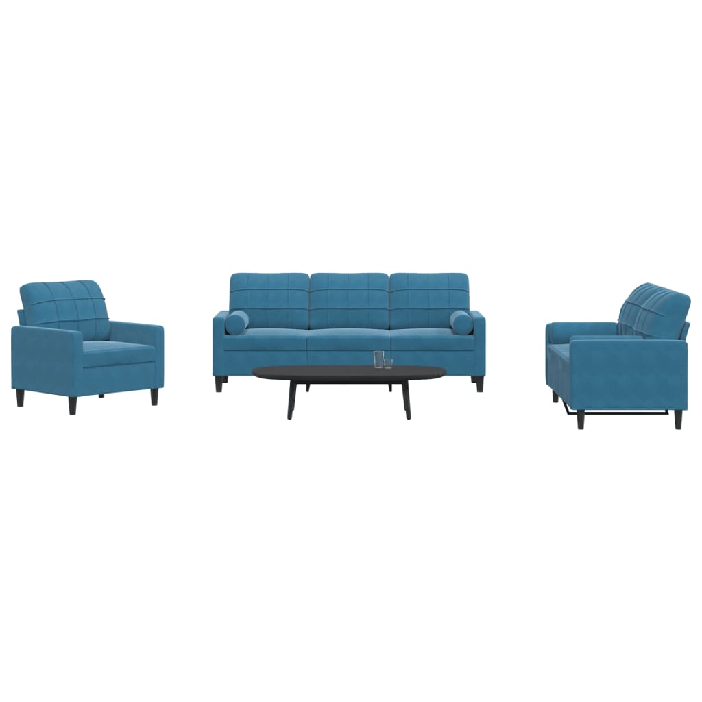 3 pcs conjunto de sofás com almofadões e rolos veludo azul