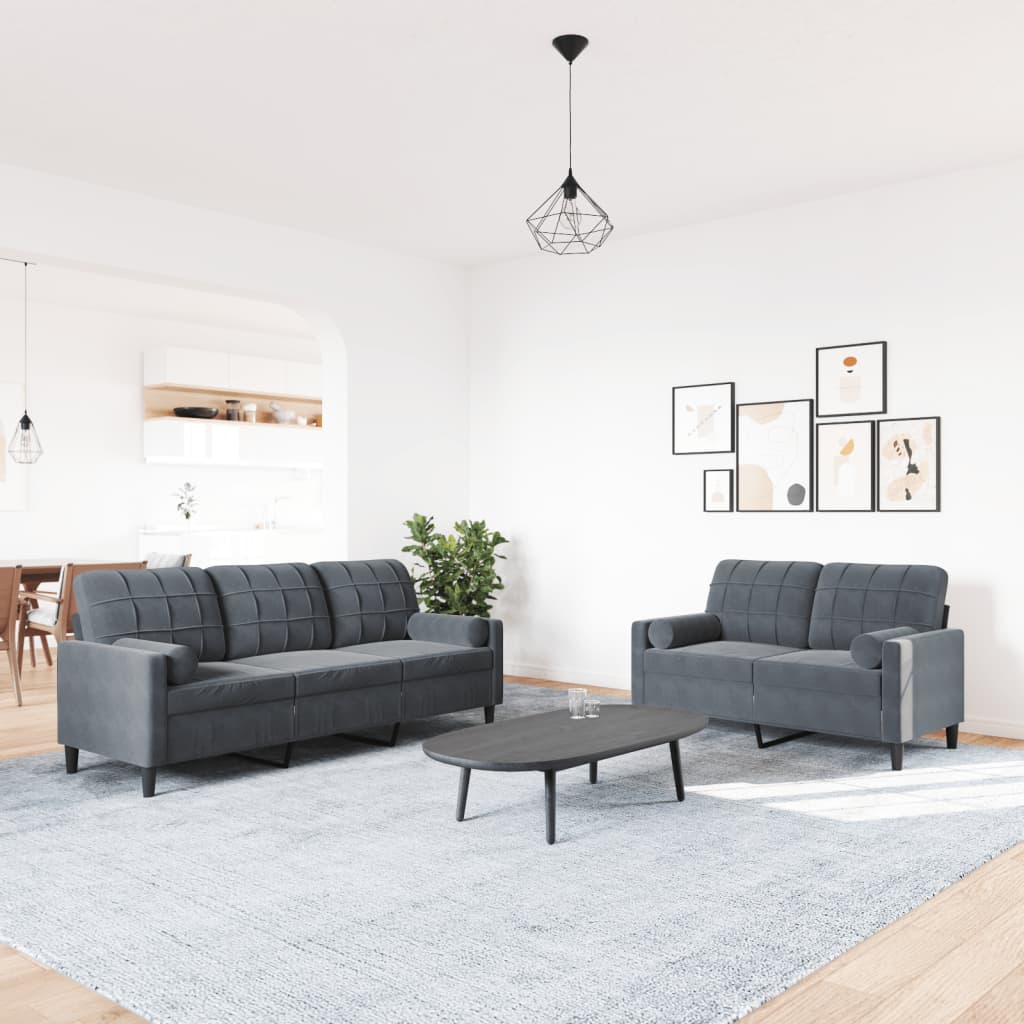 2 pcs conjunto sofás com almofadões e rolos veludo cinza-escuro
