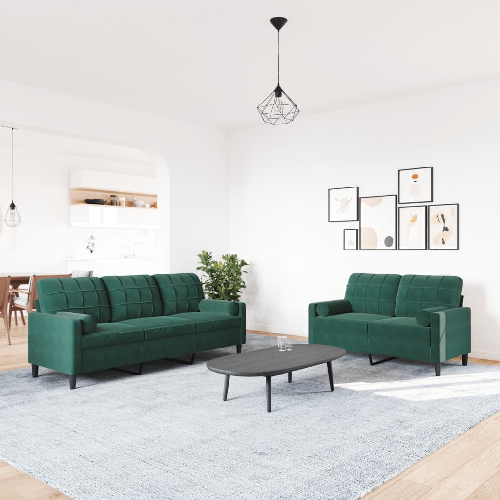 2 pcs conjunto sofás com almofadões e rolos veludo verde-escuro