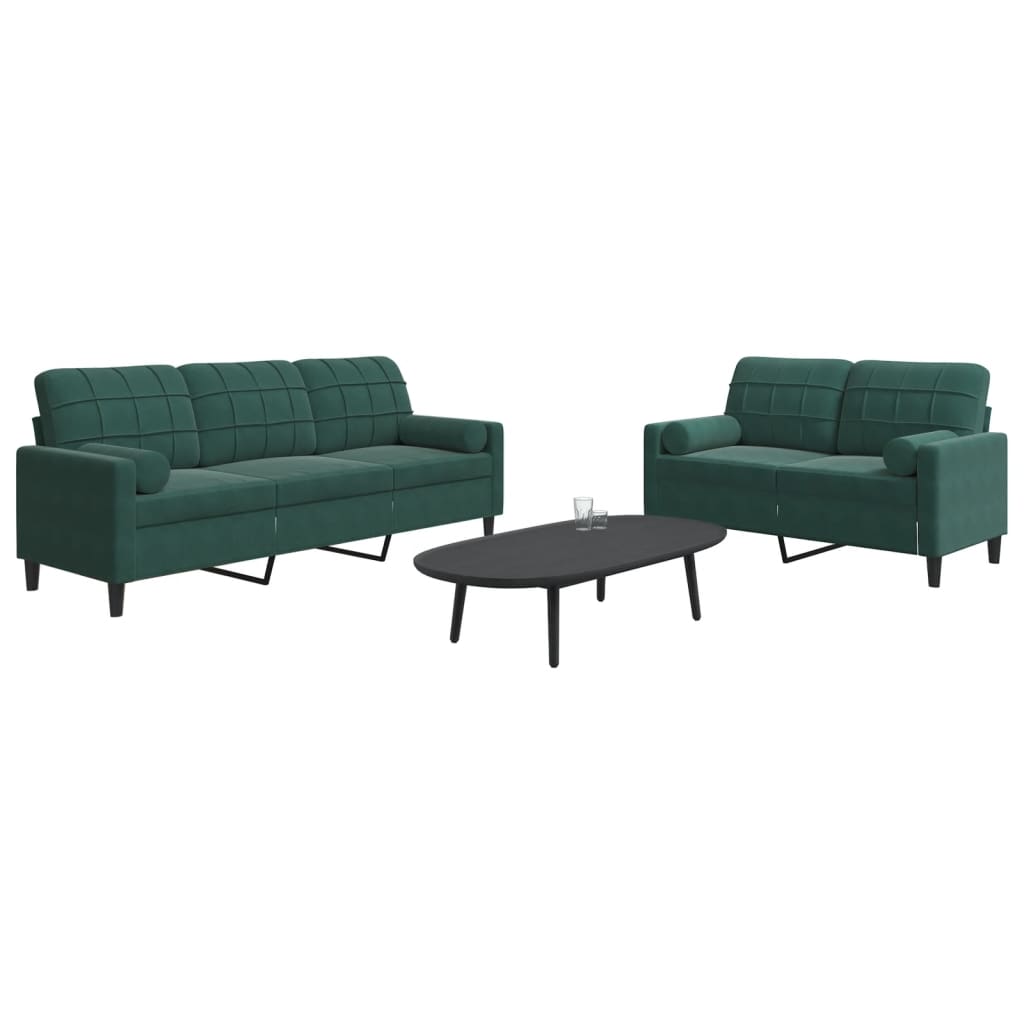 2 pcs conjunto sofás com almofadões e rolos veludo verde-escuro