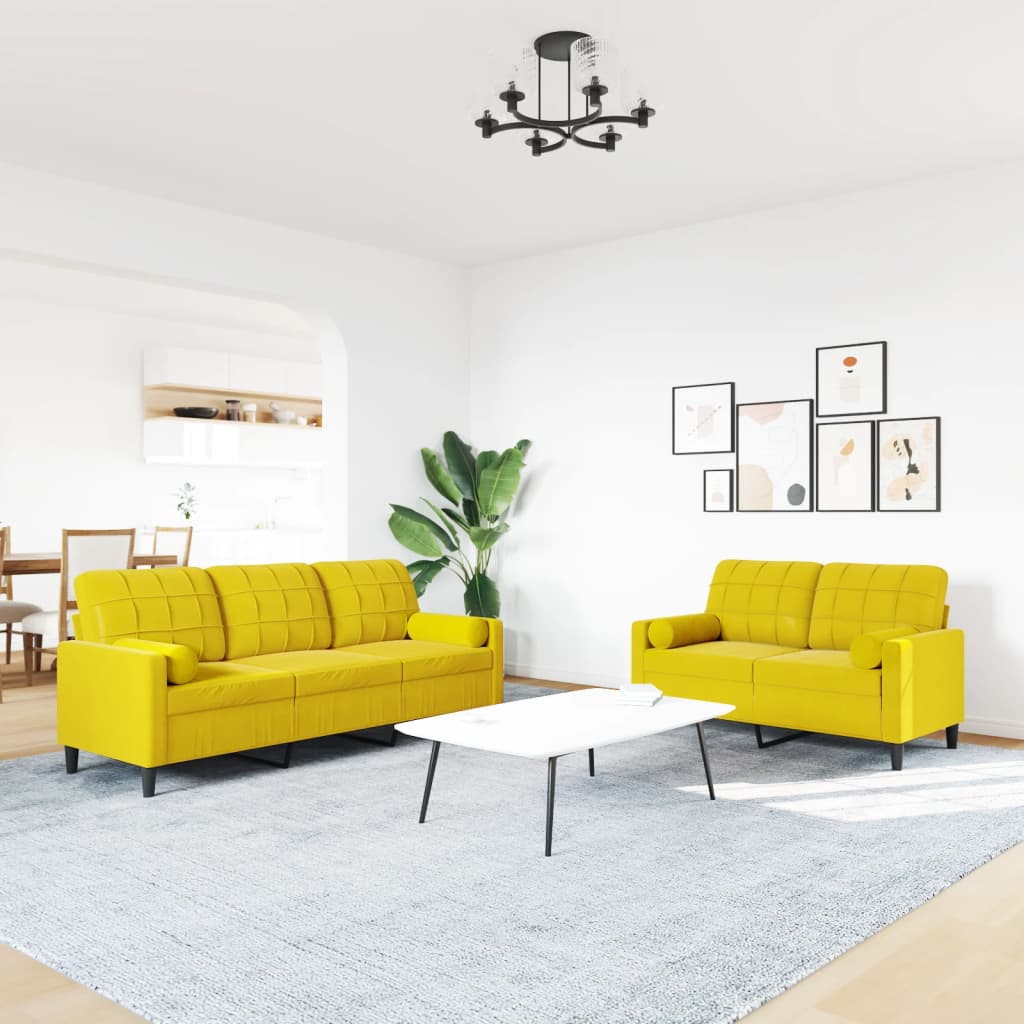 2 pcs conjunto de sofás com almofadões e rolos veludo amarelo