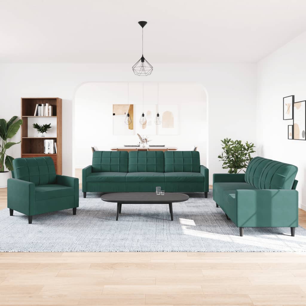 3 pcs conjunto de sofás com almofadões veludo verde-escuro