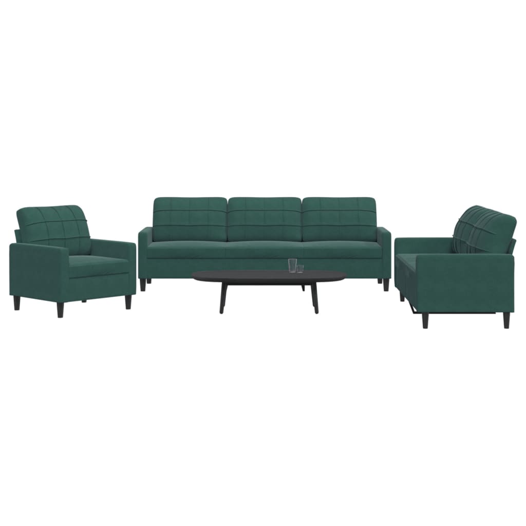 3 pcs conjunto de sofás com almofadões veludo verde-escuro