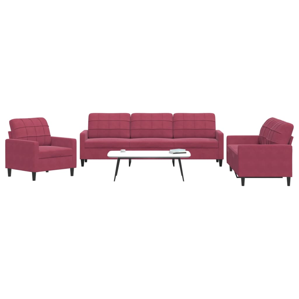 3 pcs conjunto de sofás com almofadões veludo vermelho tinto