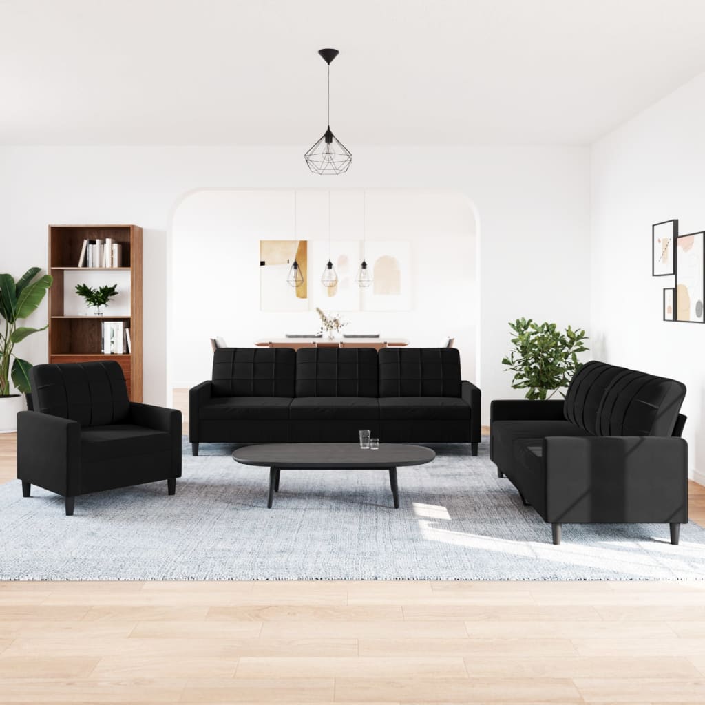 3 pcs conjunto de sofás com almofadões veludo preto