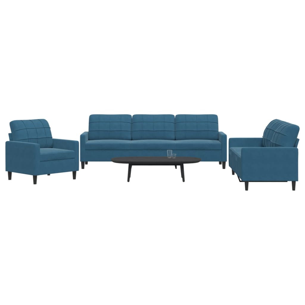 3 pcs conjunto de sofás com almofadões veludo azul