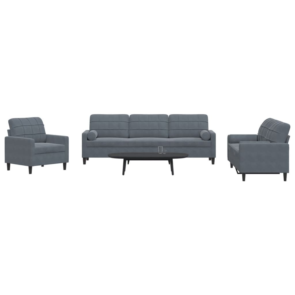 3 pcs conjunto sofás com almofadões e rolos veludo cinza-escuro