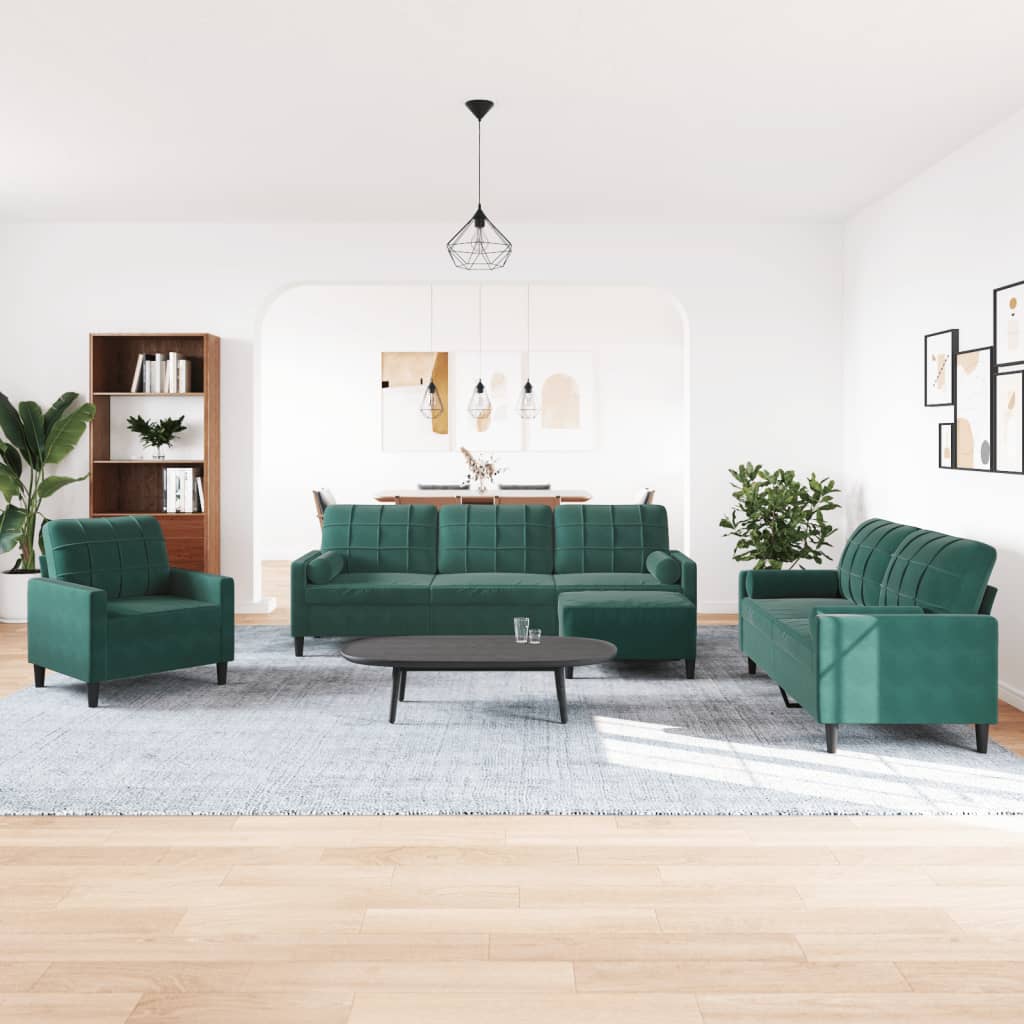 4 pcs conjunto sofás com almofadões e rolos veludo verde-escuro